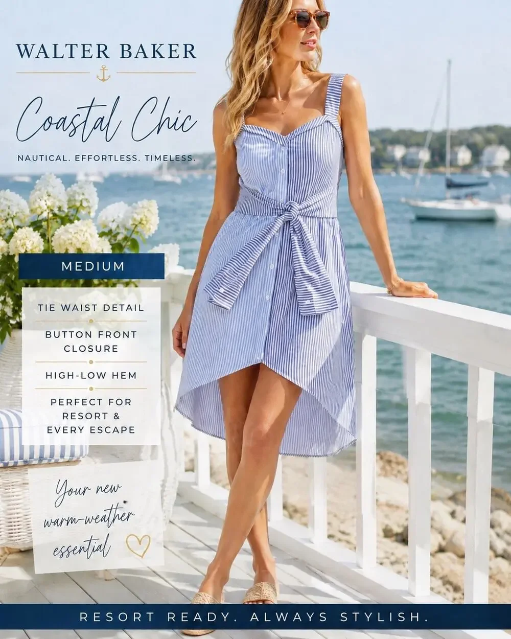 Walter Baker Blue White Stripe Tie Waist High-Low T-Shirt Dress M Coastal Resort